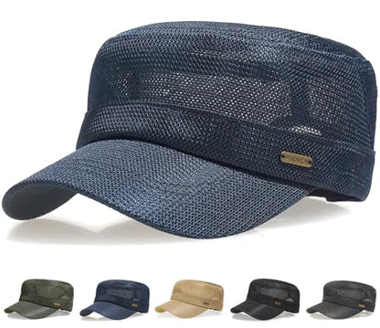 Initlove Cadet Army Cap for Men Women Military Hat Mesh Flat Top Hats for Summer - color: Navy