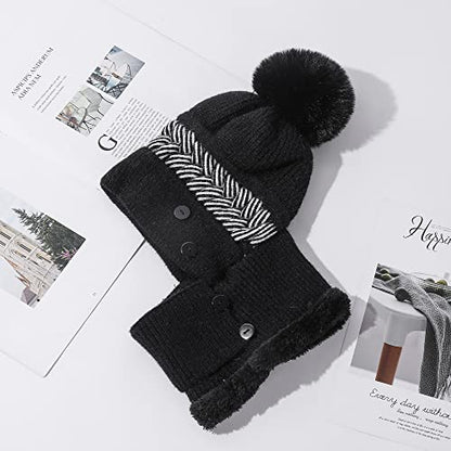 HUAMULAN Women Winter Knit Balaclava Fleece Lined Hooded Beanie Hats - color: Black, size: One Size
