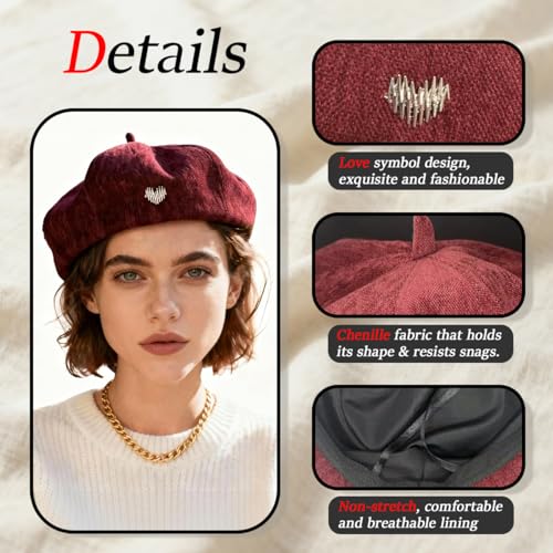 Women's Chenille Beret - Soft & Warm French Hat with Metal Heart Accent for Fall/Winter. - color: Wine Red