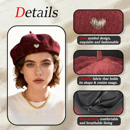 Women's Chenille Beret - Soft & Warm French Hat with Metal Heart Accent for Fall/Winter. - color: Wine Red