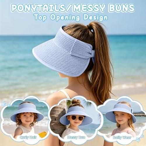 Girls Sun Visor Hat with Ponytail Hole Wide Brim Beach Straw Visor UPF 50+ - color: 1pack-sky Blue