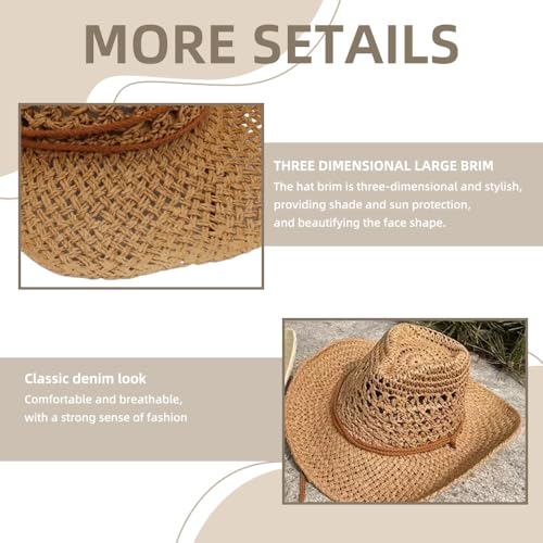 Women/Men Straw Cowboy Hat Wide Brim Sun Beach Cowgirl Hat Summer Western Cowboy for Travel Outdoor Family - color: Beige