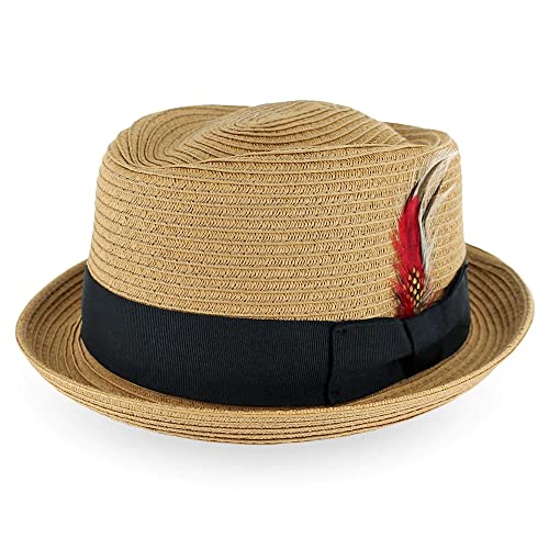 Belfry Men/Women Summer Straw Pork Pie Trilby Fedora Hat in Blue, Tan, Black - color: Brjtea, size: X-Large