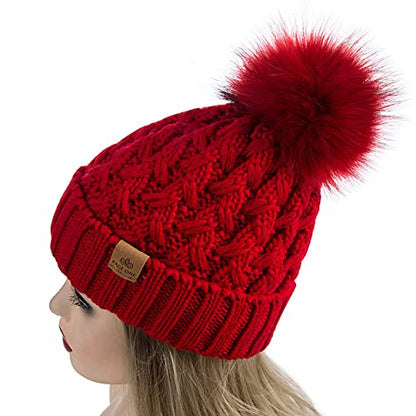 PAGE ONE Womens Winter Ribbed Beanie Crossed Cap Chunky Cable Knit Pompom Soft Warm Hat - color: Red