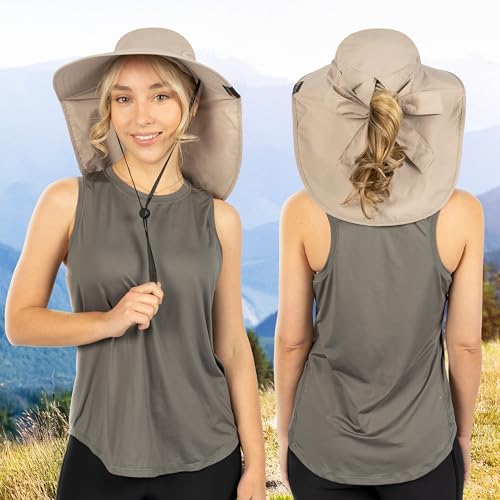 SUN CUBE Wide Brim Sun Hat with Neck Flap for Men Women, UPF50+ Fishing - color: Tan With Bow