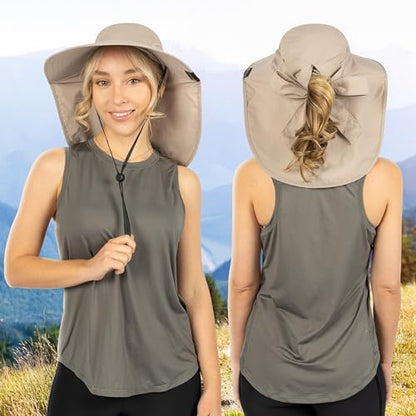 SUN CUBE Wide Brim Sun Hat with Neck Flap for Men Women, UPF50+ Fishing - color: Tan With Bow