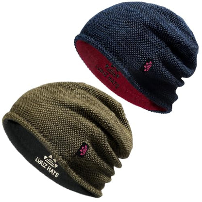 2 Pack Fleece Lined Beanie Hat Reversible Knit Skull Cap for Men Women - color: Blue+khaki