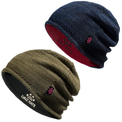 2 Pack Fleece Lined Beanie Hat Reversible Knit Skull Cap for Men Women - color: Blue+khaki