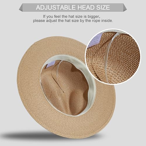 Lanzom Women Wide Brim Straw Panama Roll up Hat Fedora Beach Sun Hat UPF50+ - color: Brown/Black, size: One Size-Medium