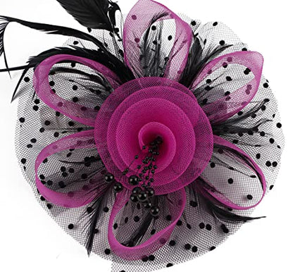 Kentucky Derby Fascinators for Women High Tea Party Hat Wedding Cocktail Flower Headware with Mesh and Feathers - color: Rose&black