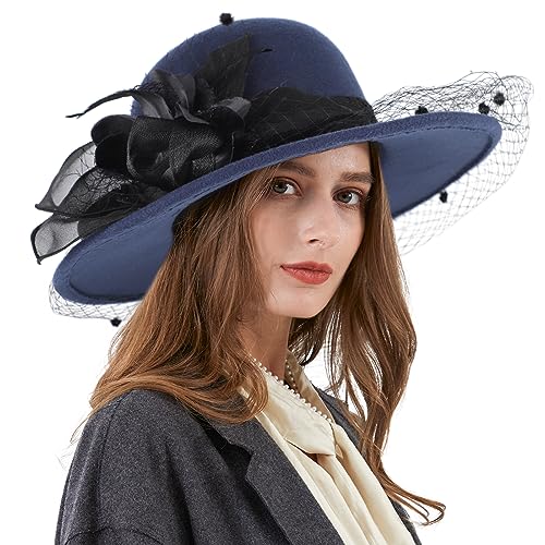 Ladies Wool Felt Bucket Hat Women Vintage Cloche Fedora Winter Church Bowler Hat with Bow - color: A-navy