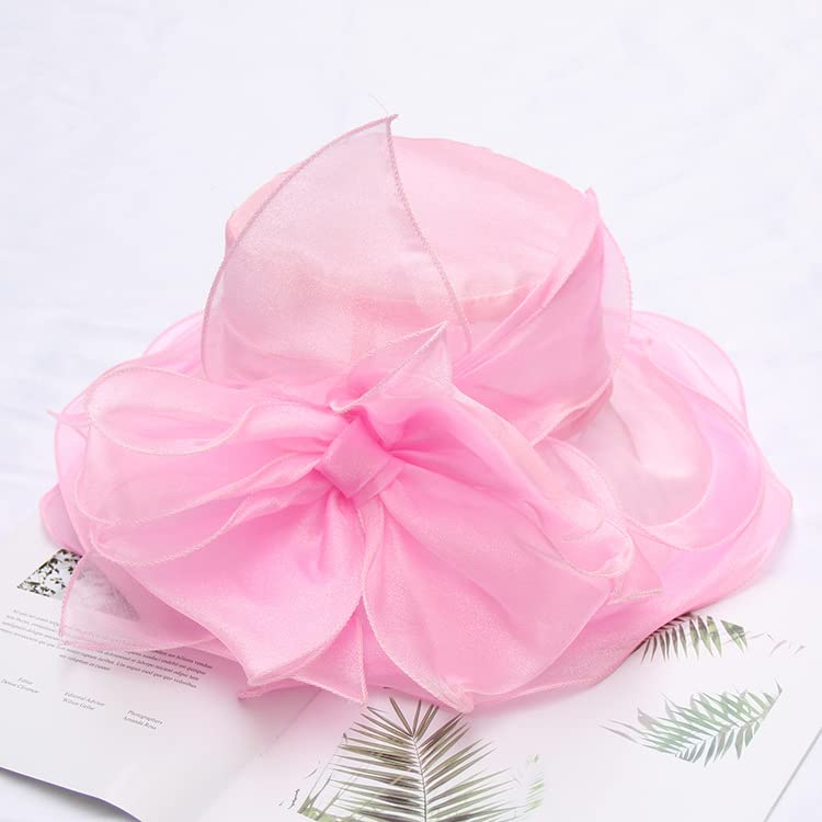 Women's Kentucky Derby Church Dress Hat Wide Brim Leaf Flower Bridal Shower Hat - color: S6-pink