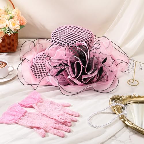 Derby Hat for Women 2026 Wide Brim Organza Sun Church Hat Set Feather Floral Fascinator for Tea Party Wedding Derby - color: Pink