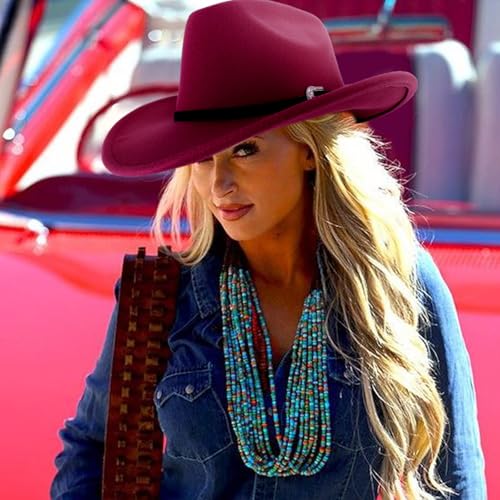 DRESHOW Western Cowboy Hat for Women Men Wide Brim Felt Fedora Cowgirl Hats - color: Burgundy, size: Large