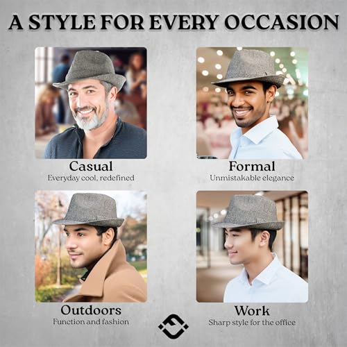Funky Junque Fedora Hats for Men – Classic Wool Blend Trilby Dress Hat, Short Brim Men’s Fedoras for Formal & Casual Wear - color: Herringbone Brown/Black, size: 6 3/4-7 1/8