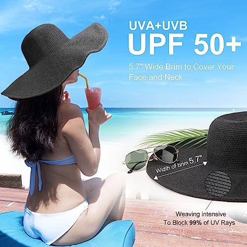 DRESHOW Big Straw Sun Hats for Women Floppy Foldable Roll up Beach Cap Sun Hat UPF 50+ Vacation Honeymoon Embroidered Hat - color: Aca Wire: Black