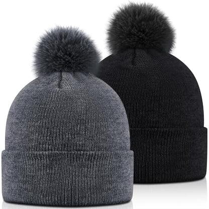 Geyoga 2 Pcs Pom Beanie Hat Men Women Winter Hat Pom Knit Cap Beanies with Ball at Top Acrylic Winter Cap with Cuff - color: Black, Dark Grizzled Grey, style: Classical