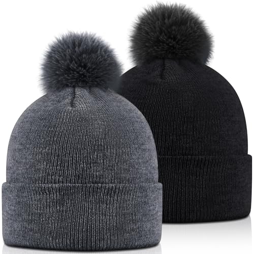 Geyoga 2 Pcs Pom Beanie Hat Men Women Winter Hat Pom Knit Cap Beanies with Ball at Top Acrylic Winter Cap with Cuff - color: Black, Dark Grizzled Grey, style: Classical