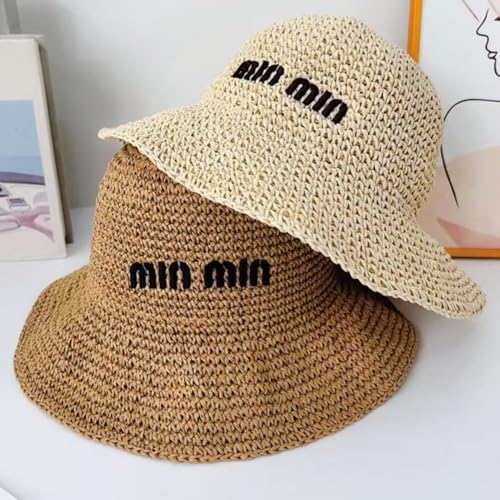 Women Straw Sun Hat Summer Beach Hats Foldable Floppy Cap Wide Brim Bucket Hat Solid Handmade Sun Protection Caps - color: Min-beige