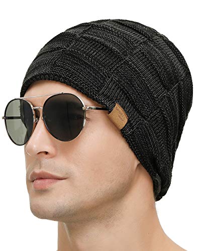 Vgogfly Slouchy Beanie for Men Winter Hats for Guys Cool Beanies Mens Lined Knit Warm Thick Skully Stocking Binie Hat Pairs - color: Black / Dark Grey
