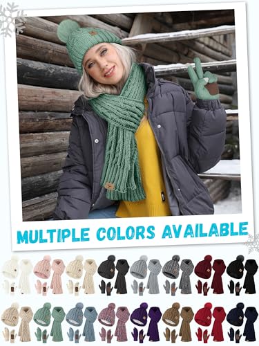 Winter Hat Scarf Gloves Set, Fleece Lined Cable Knit Pompom Hat Women Gift - color: Mint Green