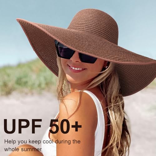 DRESHOW Big Straw Sun Hats for Women Floppy Foldable Roll up Beach Cap Sun Hat UPF 50+ Vacation Honeymoon Embroidered Hat - color: 1 Pack Medium Size: Coffee Brown (Head Circumference 22-22.8")