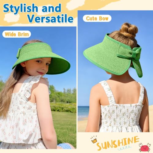 ZOORON Girls Straw Sun Visor Hat, Wide Brim Ponytail Beach Hat with Bow - color: Grass Green