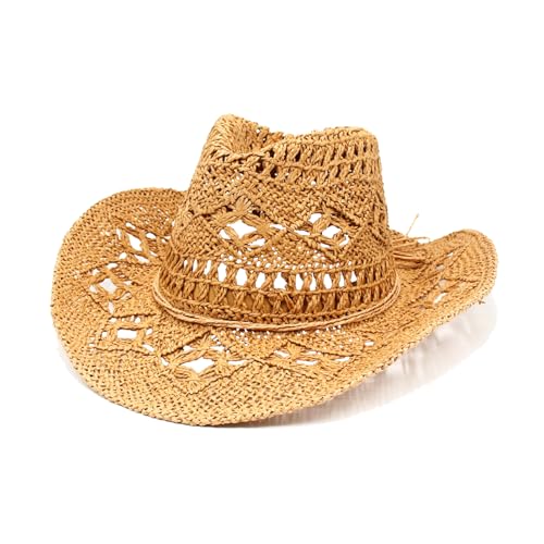 Straw Cowboy Hats for Women/Men Western Cowgirl Hat Foldable Wide Brim Cowboy Hat Travel Vacation Beach Sun Hats - color: Khaki