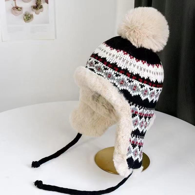 haozaikeji Women Winter Trapper Hat Faux Fur Knit Beanie Hat Thermal Earflap Outdoor Cap Pompom Hats Ushanka Hats - color: Black