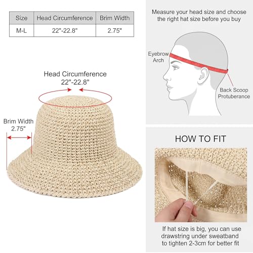Raffia Bucket Hat, Womens Straw Sun Hat Wide Brim UPF 50+ UV Protection, Handmade Foldable Raffia Bucket Hats for Summer Travel, Packable Floppy Cap for Vacation Beige