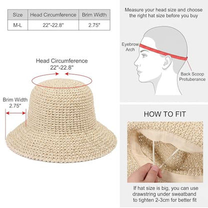 Raffia Bucket Hat, Womens Straw Sun Hat Wide Brim UPF 50+ UV Protection, Handmade Foldable Raffia Bucket Hats for Summer Travel, Packable Floppy Cap for Vacation Beige