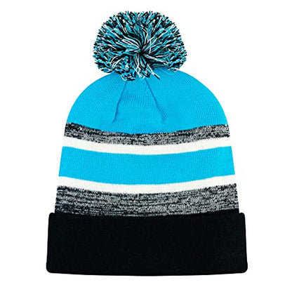 Winter Knit Beanie Hat with Pom Pom – Warm Cuffed Slouch Ski Cap for Men & Women - color: 1.black and Turquoise With Pom