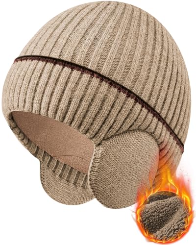 BEACE Winter Fleece Line Beanie Knit Hats with Ear Flaps for Men Women,Warm Thermal Stocking Caps for Outdoor Cold Weather - color: Beige