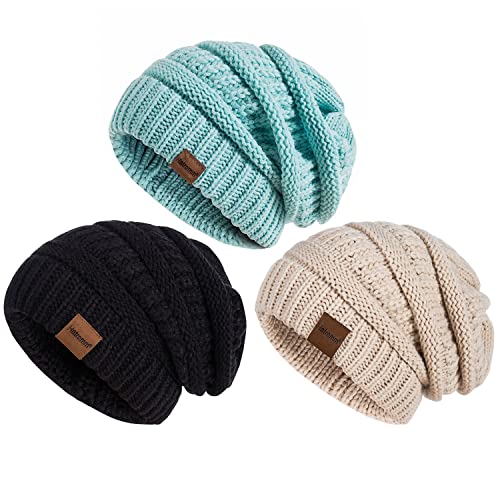Slouchy Women's Winter 3 Pieces Beanie Hat Women Men Oversized Warm Knitted Women's Hat Winter Thick for Cold Weather - color: Black+oatmeal+mint
