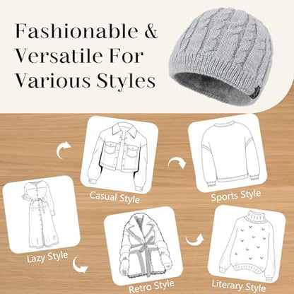 Winter Warm Beanie Hat for Women Men, Thick Cable Knit Cuffed Beanie - color: Grey