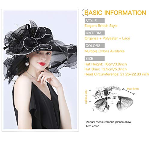 Z&X Women Organza Church Derby Hat Wide Brim Sun Hats for Wedding Tea Party Fascinator Hat, Dual-use - color: 2003- Black