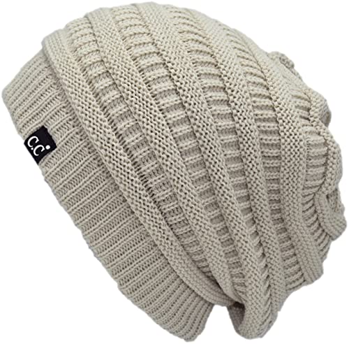 C.C Beanie Oversized Hat with Fuzzy Lining – Thick Knit Thermal Beanie for Cold Weather, Soft Warm Fleece Lined Cap - color: Beige