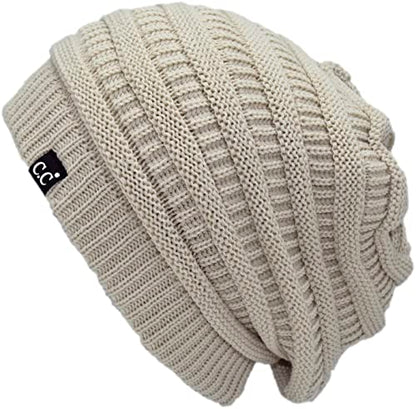 C.C Beanie Oversized Hat with Fuzzy Lining – Thick Knit Thermal Beanie for Cold Weather, Soft Warm Fleece Lined Cap - color: Beige