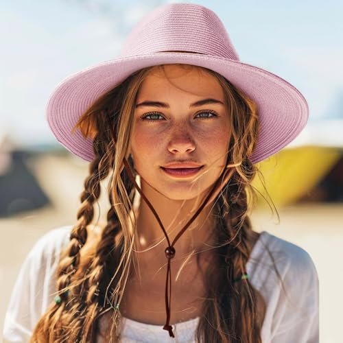 DRESHOW Womens Summer Straw Sun Hat Wide Brim Bucket Hats Fedora Hat Panama Beach Hat with Chin Strap UPF 50+ - color: 1 Pc Panama Fedora: Light Pink