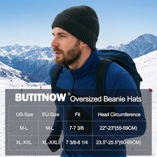 Oversize M/L/XL/XXL Merino Wool Beanie Hat for Men & Women - color: Black, size: Medium-Large