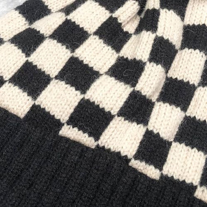 Unisex Classic Checkered Beanie Cuffed Winter Warm Knitted Plaid Hat with Pompom - color: Black Grey