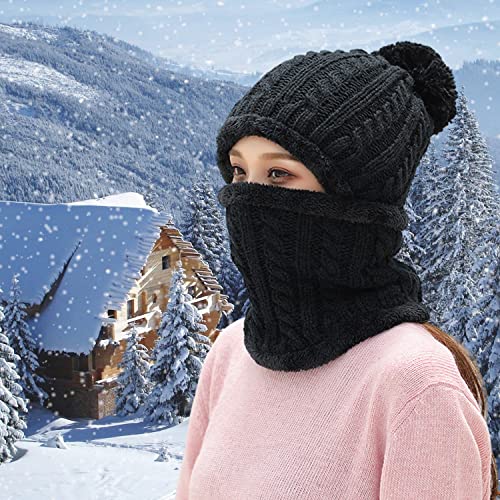 HUAMULAN Women Winter Knit Beanie Hats One Piece Fleece Lined Balaclavas - color: Black