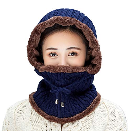 HUAMULAN Women Winter Knit Balaclava Fleece Lined Hooded Beanie Hats - color: Navy, size: Medium
