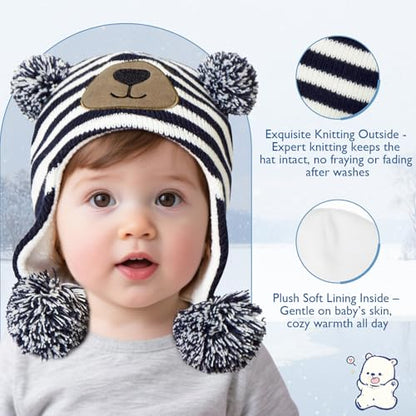 Baby Winter Hat Toddler Beanie Warm Fleece Lined Earflap Cap with Pom Pom - color: Bear Navy, size: 2-3T