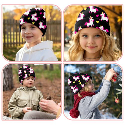Kids Beanie Knit Hat Winter Unisex Cuffed Beanies Skull Cap Warm Double Layer Thick Acrylic Cute for Girls Boys - color: Black