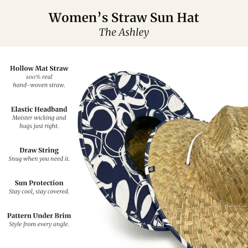 Women's Wide Brim Straw Sun Hat for Beach, Lifeguard Style, Hand-Woven Rush & Mat, Adjustable Chin Drawstring - color: The Ashley