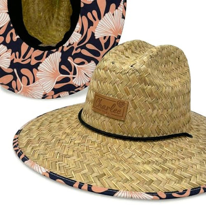 Women's Wide Brim Straw Sun Hat for Beach, Lifeguard Style, Hand-Woven Rush & Mat, Adjustable Chin Drawstring - color: The Anna