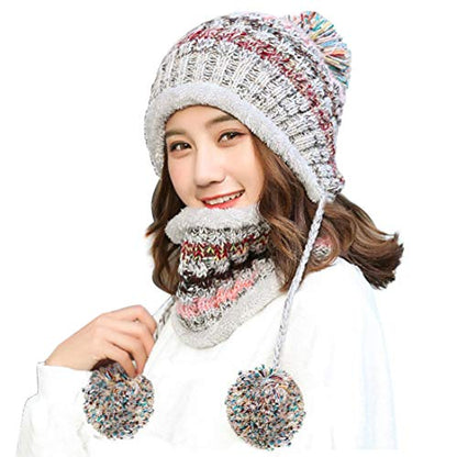 HUAMULAN Women Winter Knit Beanie Hat Circle Scarf Set Pompoms Ear Flaps - color: Gray