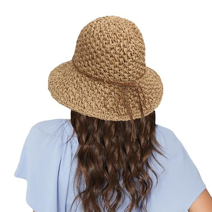 Women Wide Brim Sun Hat UPF50 Straw Summer Hat Floppy Beach Hat Roll-Up - color: Straw Hat Khaki