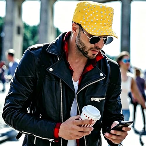 Studded Military Cap for Women Men Cadet Army Cap Flat Top Hat - color: Yellow